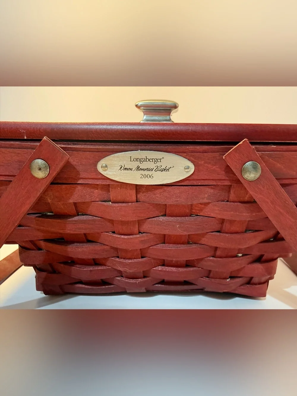 Longaberger Red Woven Memory Basket 2006 with Metal Nameplate and plastic liner